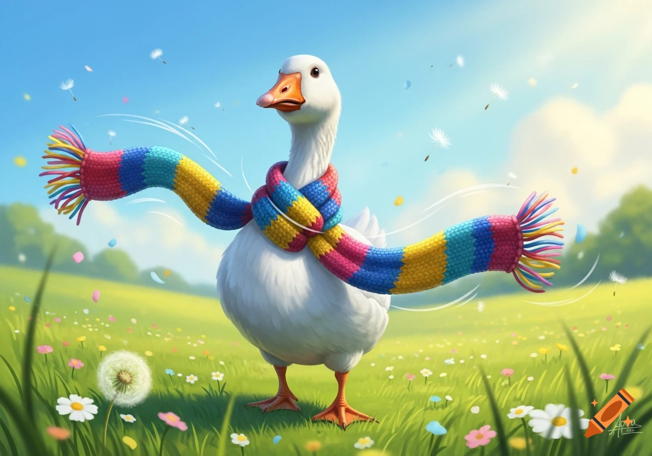 A whimsical illustration of a white goose wearing a colorful striped scarf, standing in a vibrant green field with spring flowers under a blue sky.