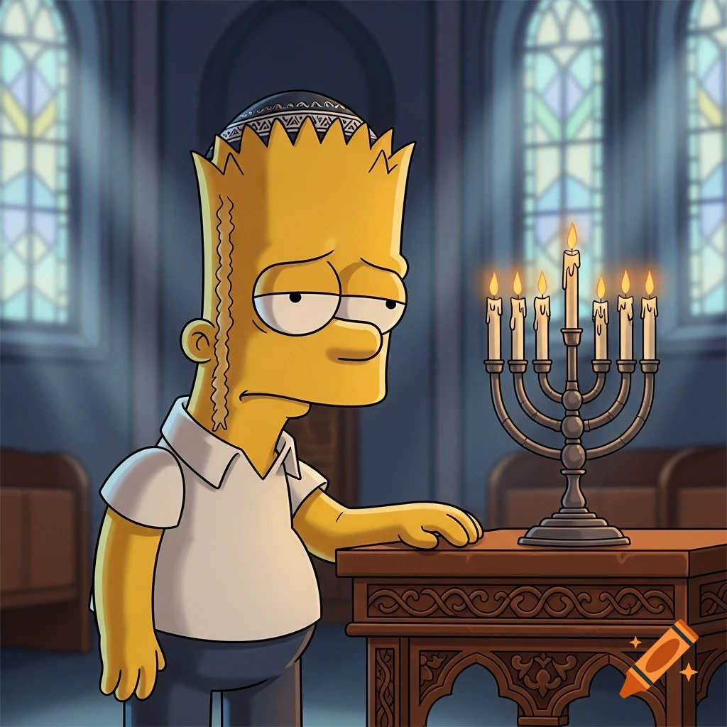 Sad Bart Simpson, wearing a yarmulke and peyos, stands in a synagogue next to a lit menorah, in a cartoon style.