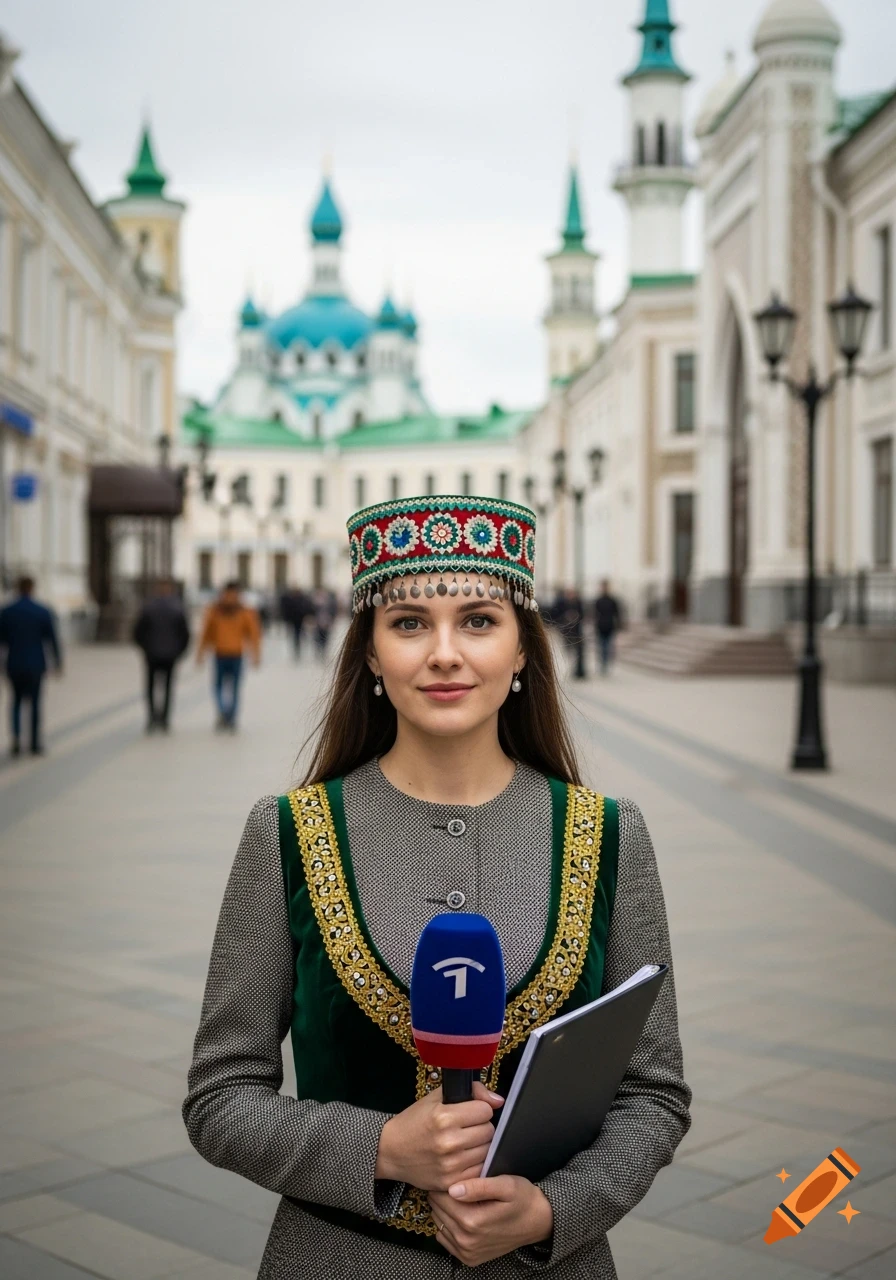 Photorealistic portrait of a young female journalist in traditional attire holding a microphone on a city street with traditional architecture.