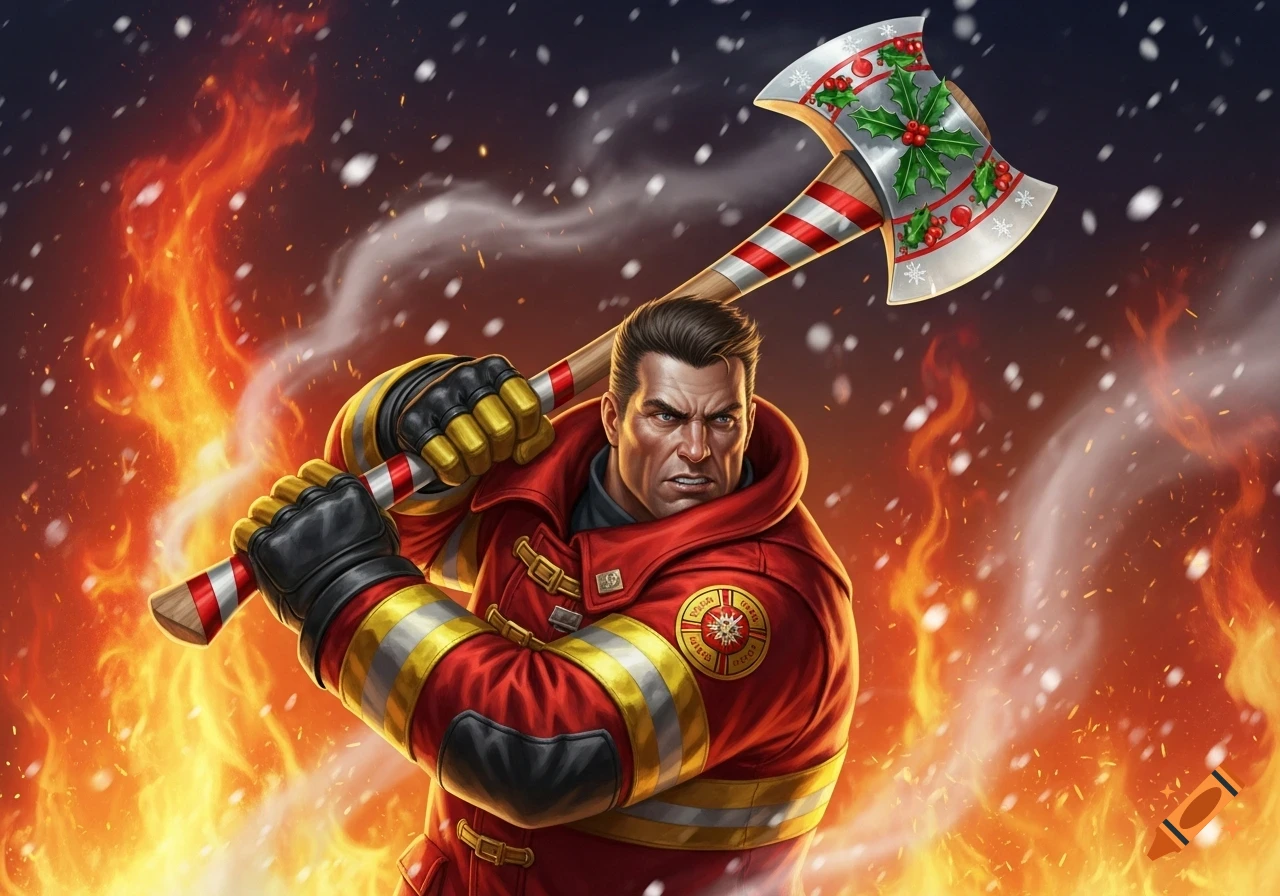 A stylized illustration of a muscular firefighter in red gear, holding a Christmas-themed axe over his shoulder amidst fire and falling snow.