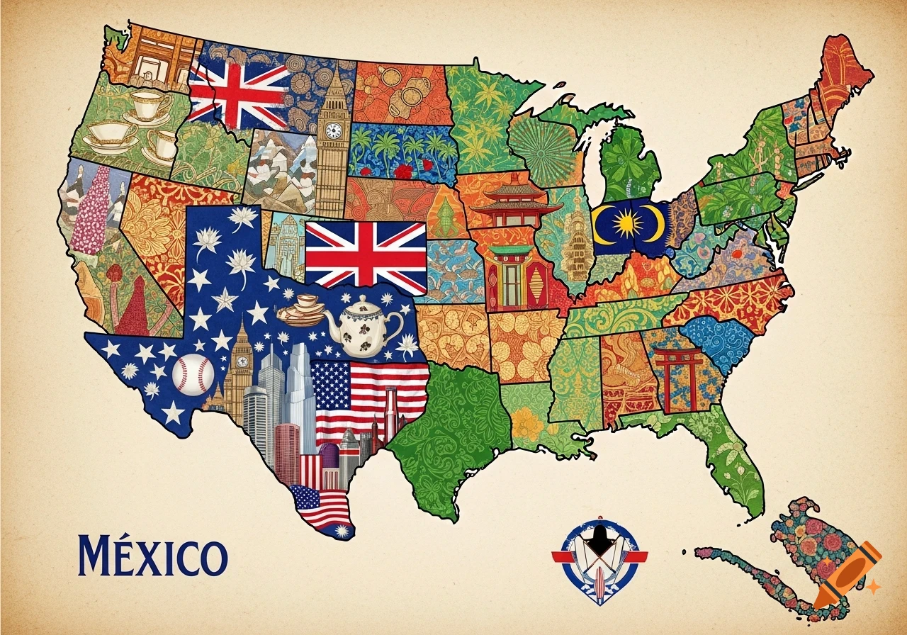 Stylized map of the USA with states filled with various patterns, objects, and flags, including the UK, USA, and Malaysia.