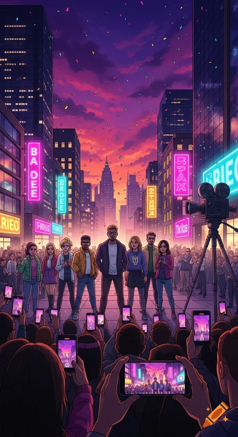 A diverse group of young people stand in a vibrant city street at sunset, illuminated by neon signs, as a large crowd photographs them with phones. Anime style.