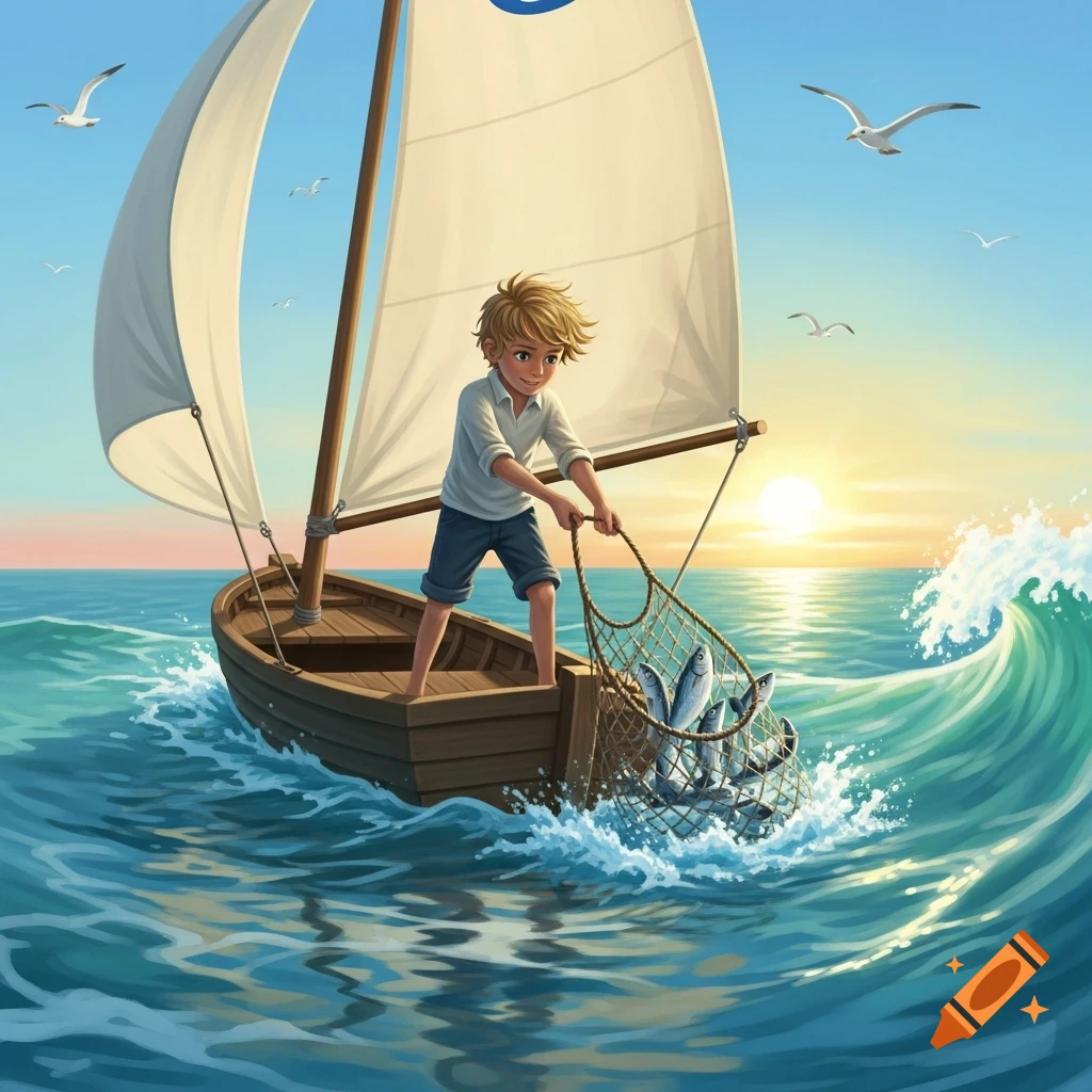 Cartoon illustration of a boy in a sailboat pulling a fishing net full of fish at sunset on the ocean.
