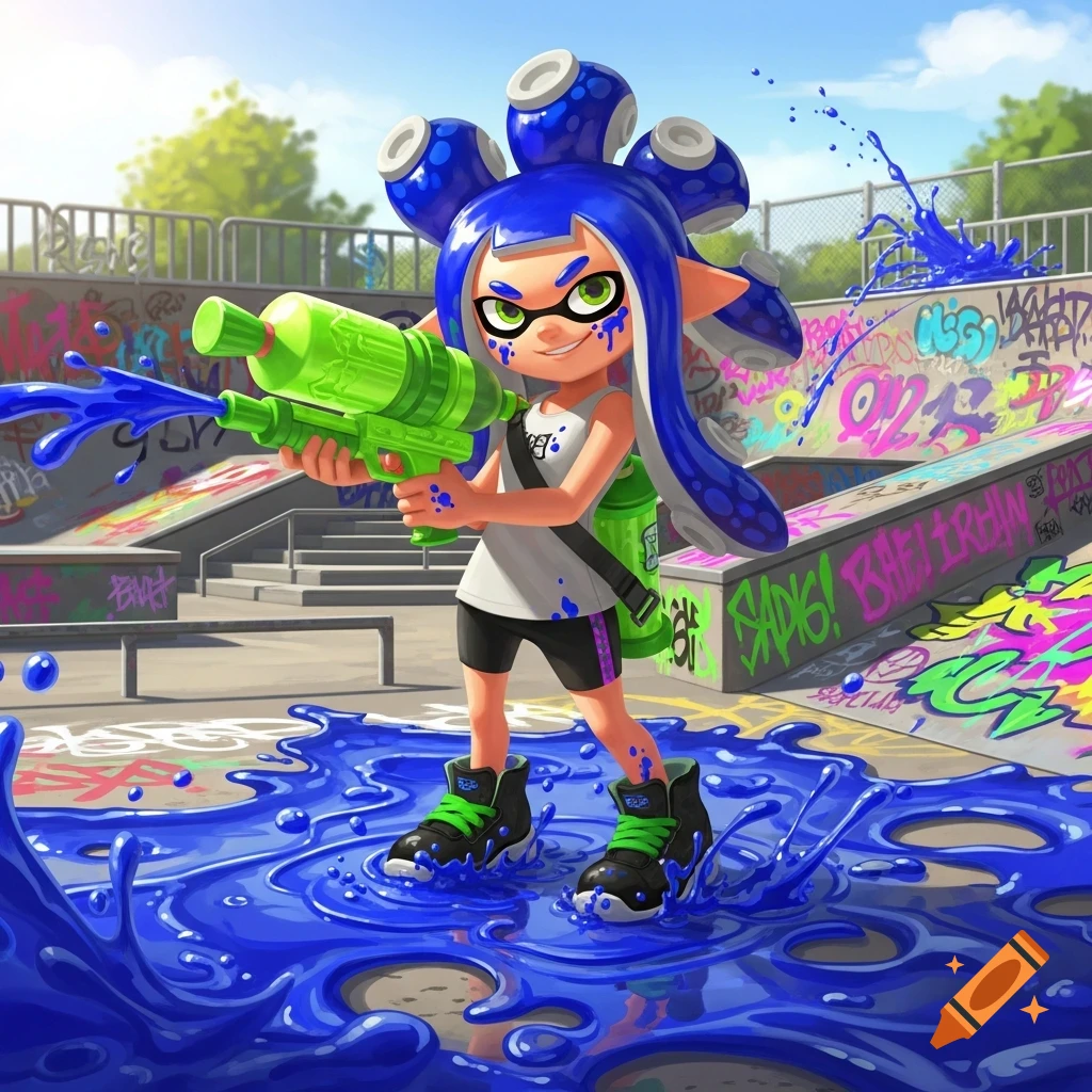 A blue-haired Splatoon inkling character holds a green water gun, standing in a puddle of blue ink in a vibrant skate park.