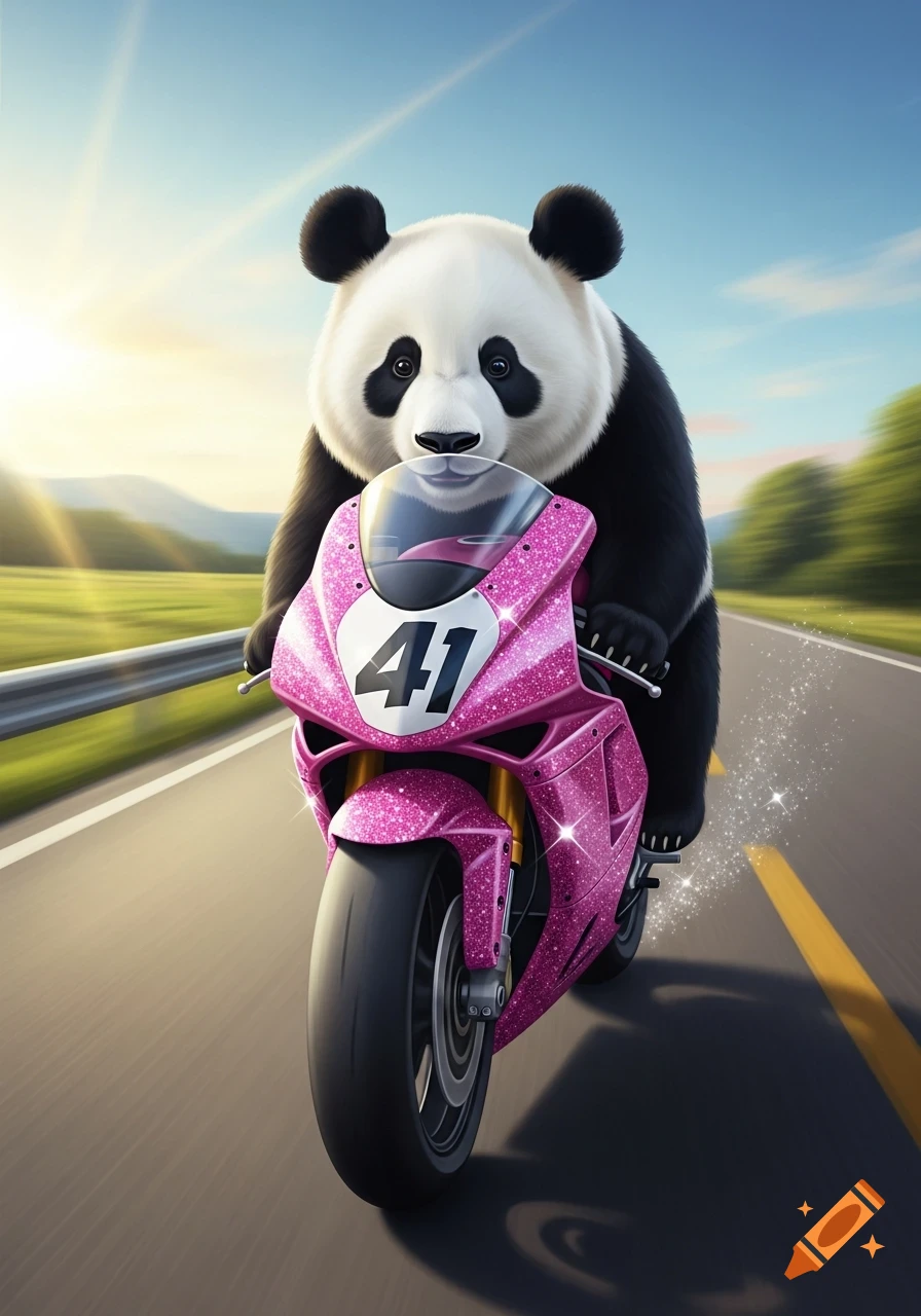 A photorealistic panda rides a sparkling pink racing motorcycle with the number 41 on a sunlit road.