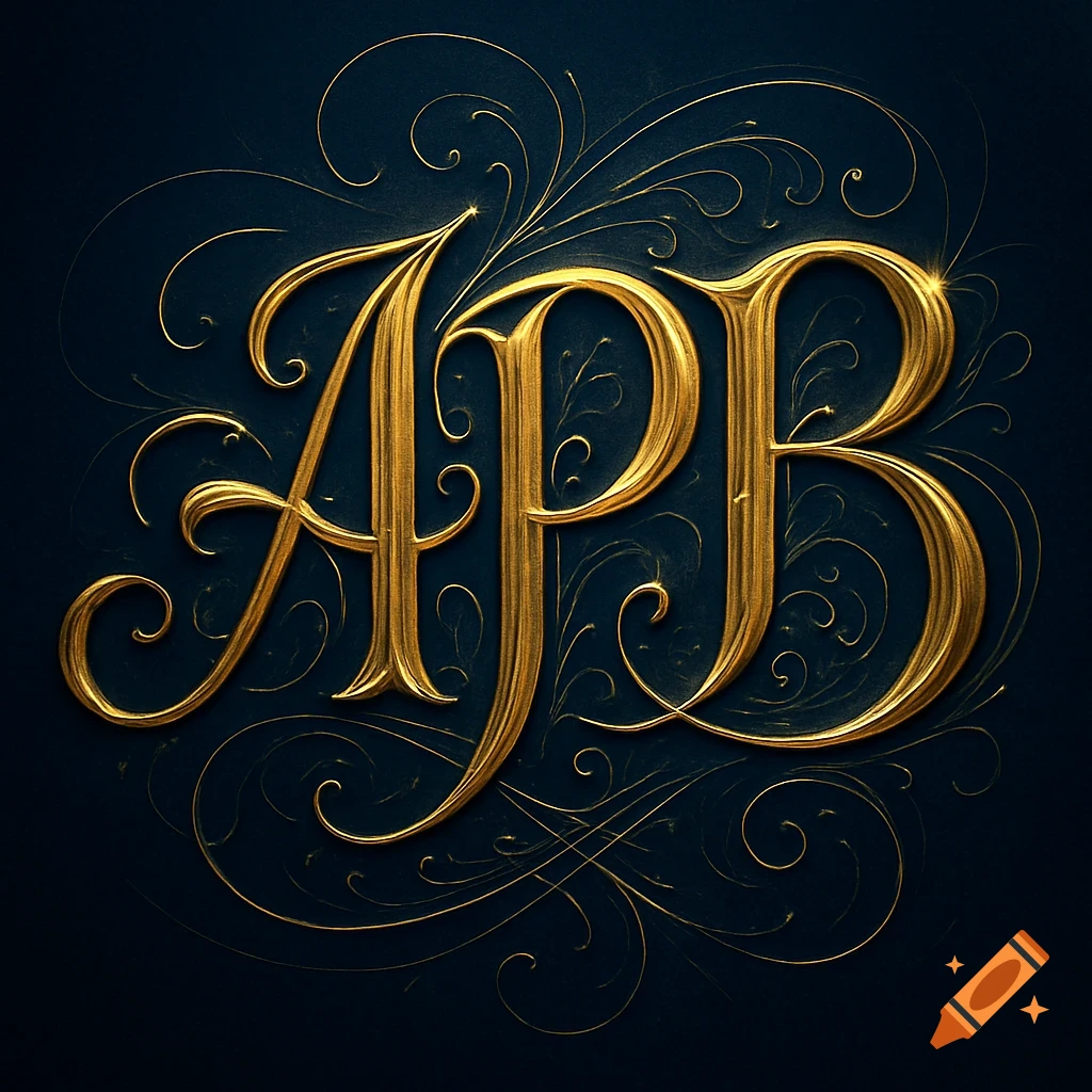 Golden ornate script letters APB on a dark blue background with decorative flourishes.