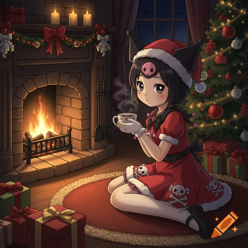 Anime character Kuromi in a red Christmas dress with skull and crossbones, sitting by a cozy fireplace and Christmas tree at night, drinking tea.