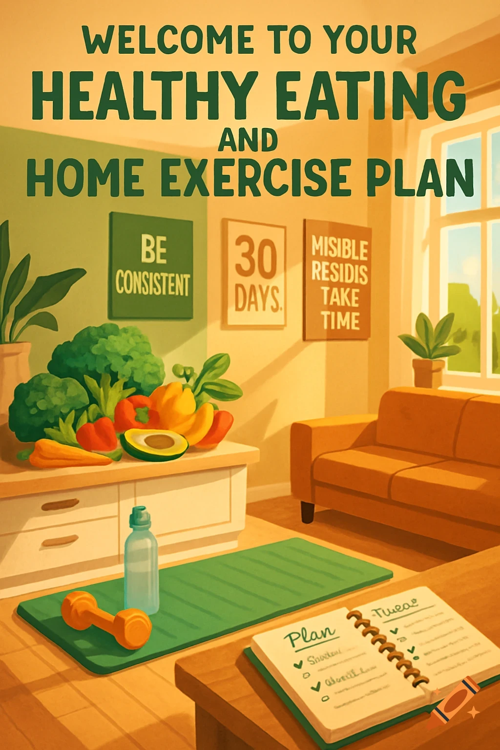 An illustration of a bright room promoting a healthy eating and home exercise plan, with fresh vegetables, a yoga mat, a dumbbell, and a journal.