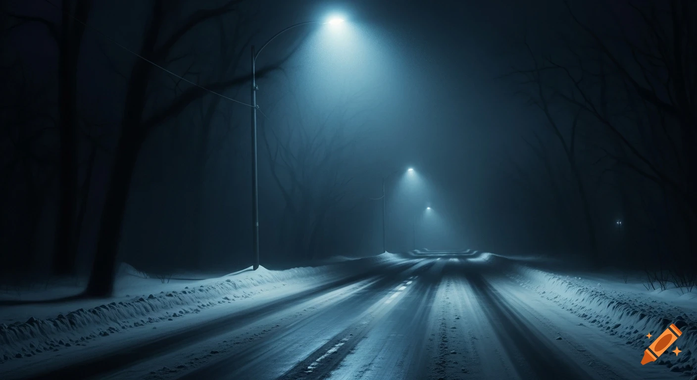 A dark, snowy road at night, lit by streetlights in a foggy, eerie winter landscape with bare trees.