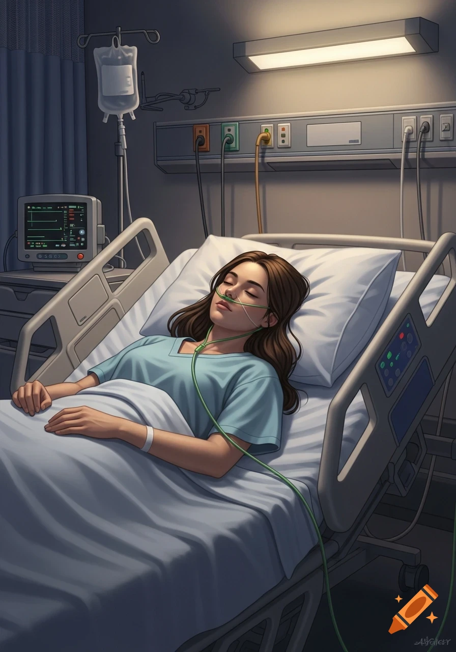A young woman with brown hair sleeps peacefully in a hospital bed, wearing a light blue gown and a green nasal cannula, with an IV bag and medical monitor nearby.