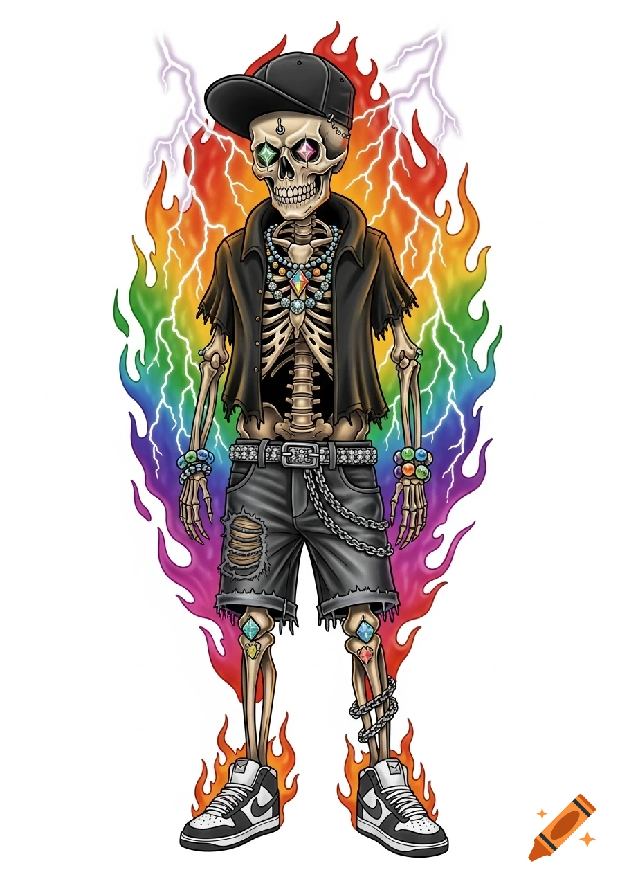 A stylized skeleton wearing a backward cap, open shirt, ripped shorts, and sneakers, adorned with jewelry and glowing gems, surrounded by rainbow flames and lightning.