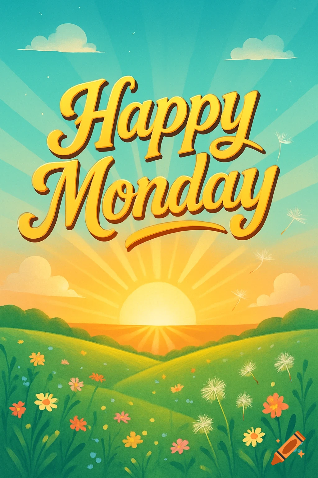 Vibrant illustration of 'Happy Monday' text over a sunny landscape with rolling green hills and wildflowers.