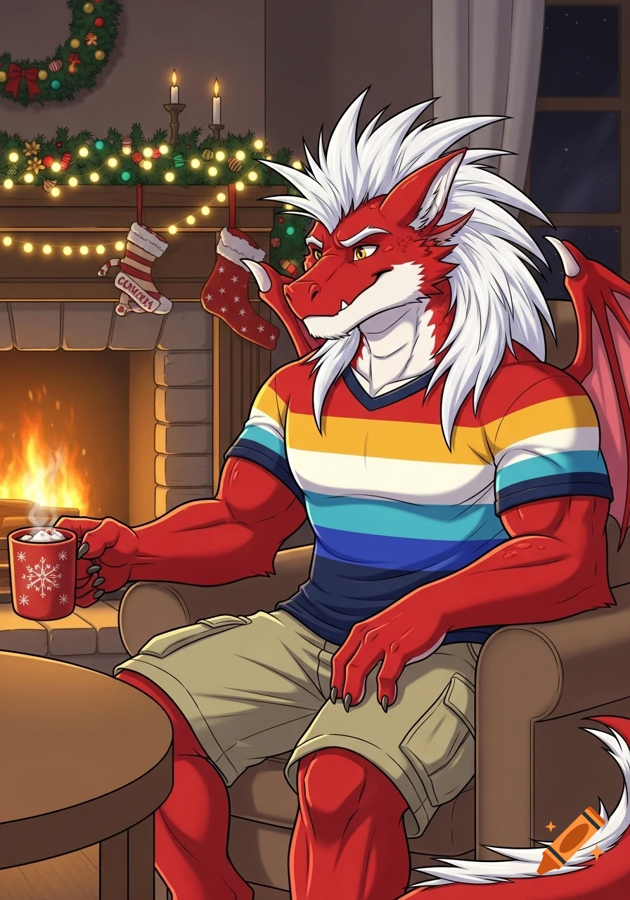 Cartoon drawing of a red anthropomorphic dragon with a white spiky mohawk, sitting in an armchair by a Christmas fireplace, holding a mug.