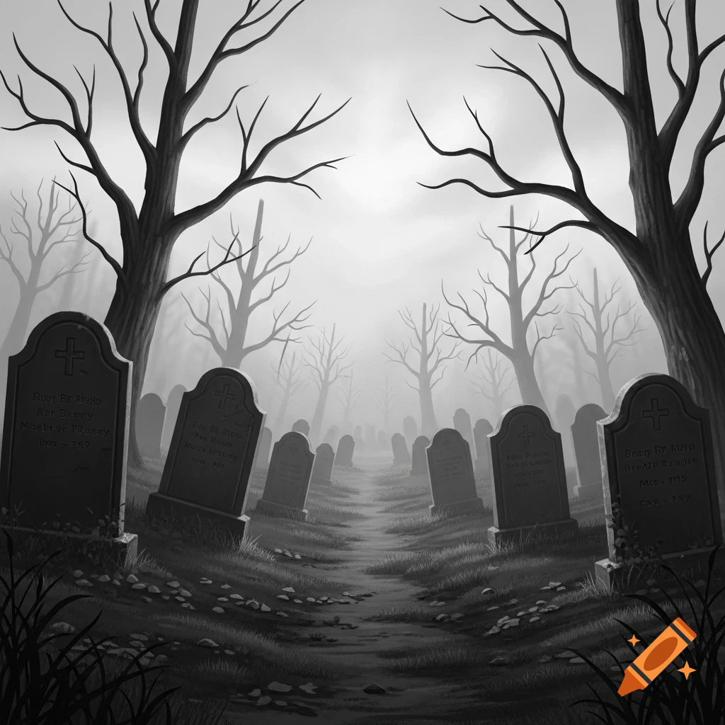 Black and white illustration of a misty graveyard with bare trees and numerous tombstones lining a central path.
