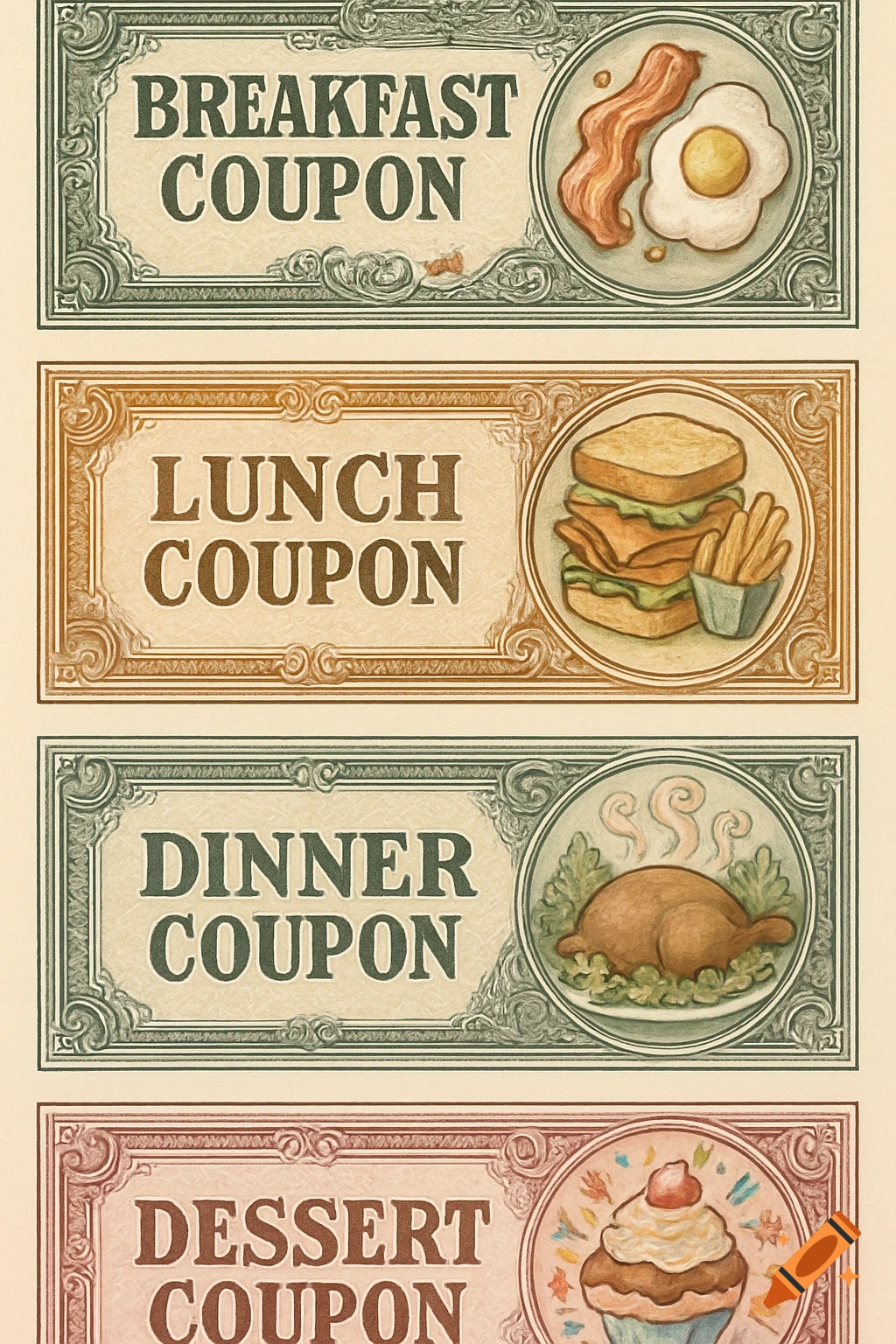 Four stacked cartoon coupons styled like dollar bills, each for a different meal: breakfast, lunch, dinner, and dessert, with corresponding food illustrations.
