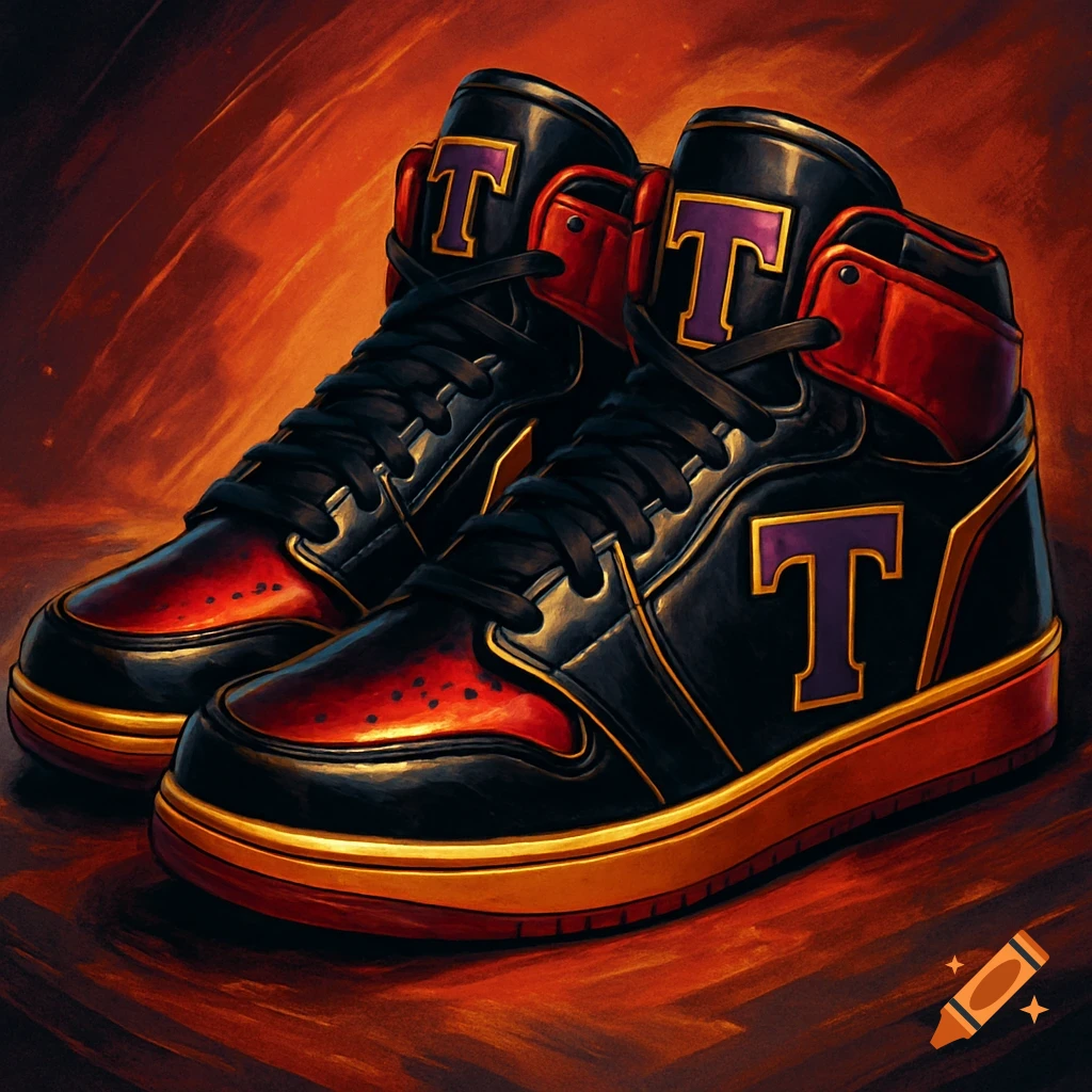 A pair of black, red, and gold high-top sneakers with a purple 'T' logo on a warm, painterly background.