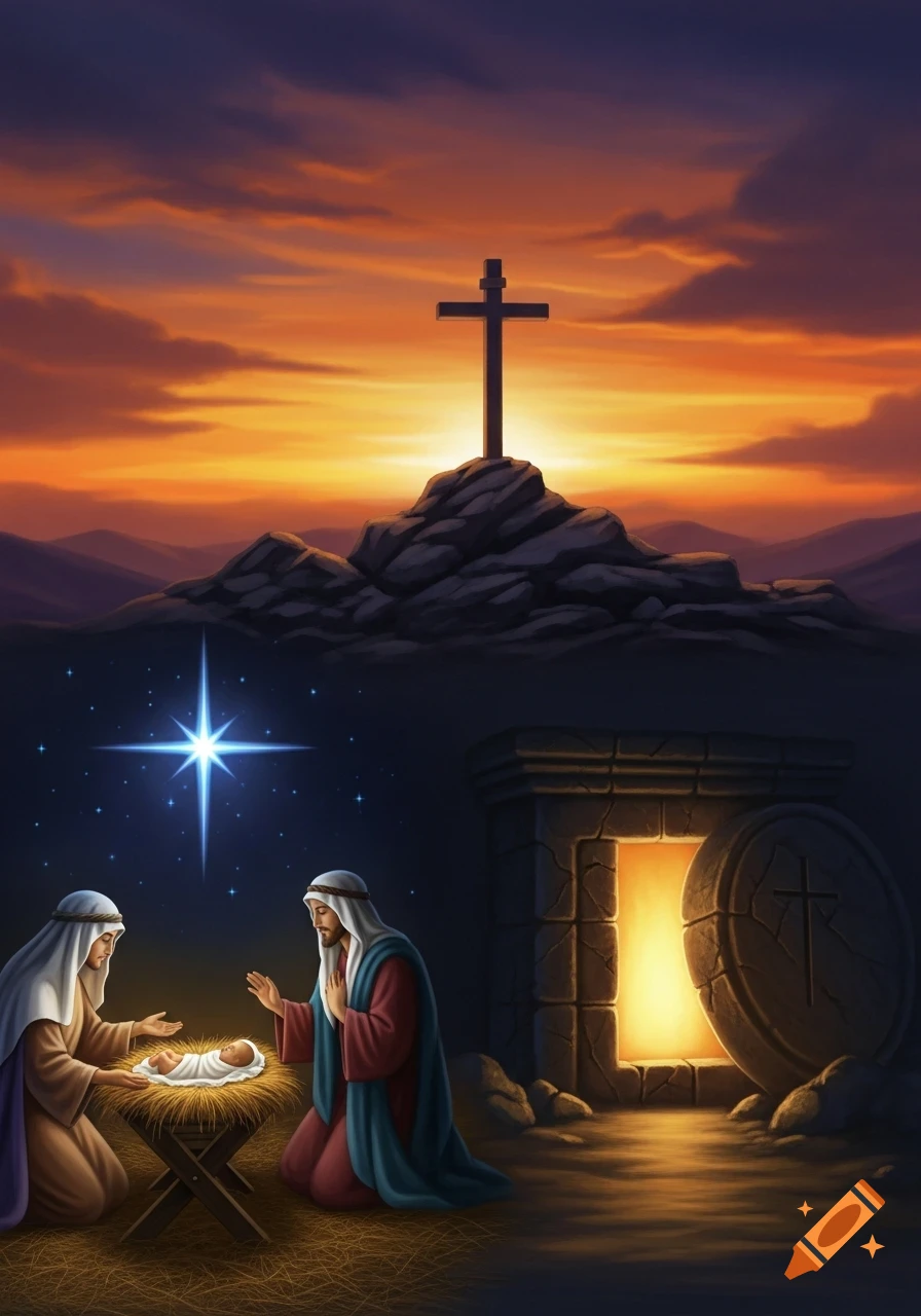 An illustration depicting three Christian scenes: Mary and Joseph kneeling by baby Jesus under a star, a cross on a hill at sunset, and an empty glowing tomb.
