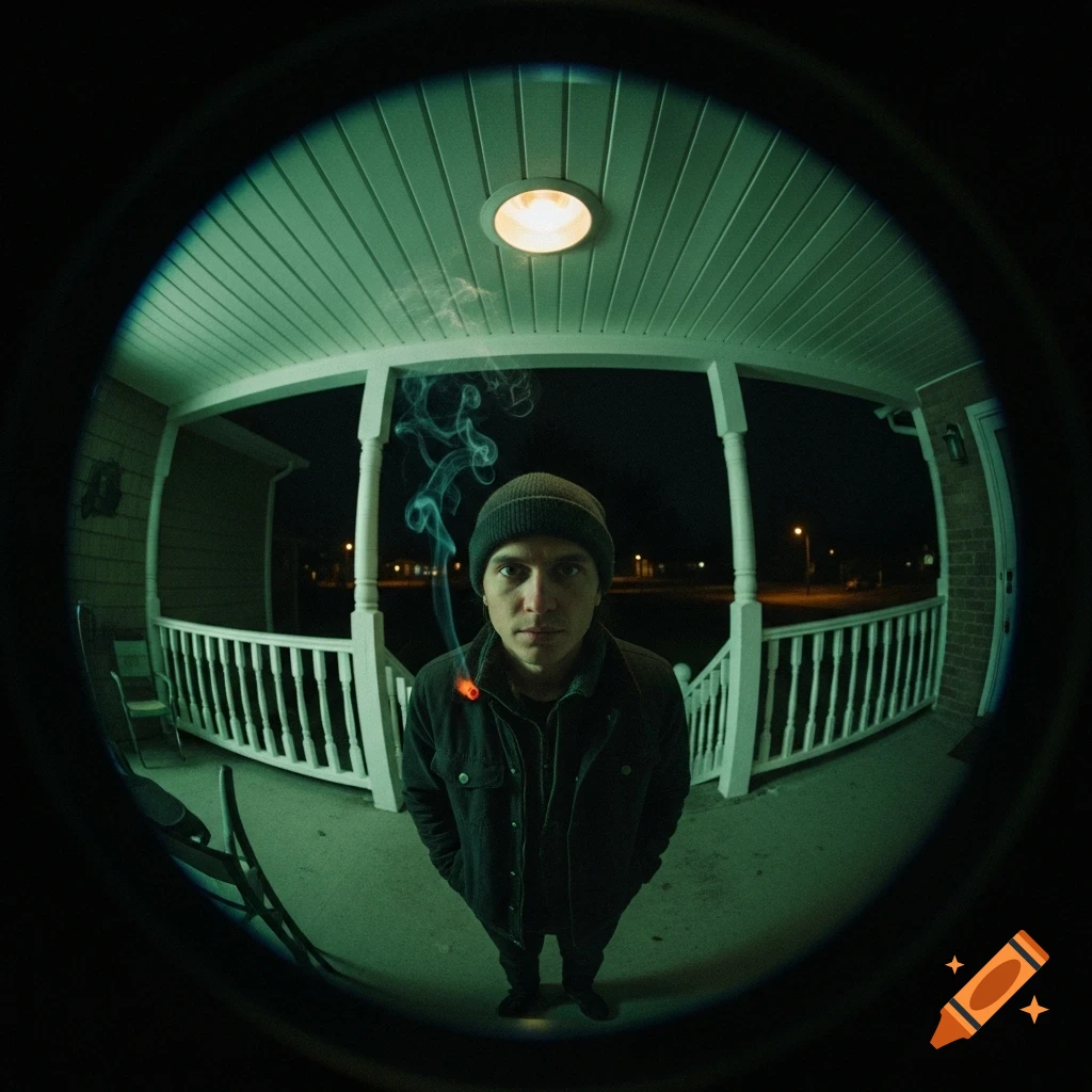 A man with a beanie stares into a fisheye lens camera on a green-tinted suburban porch at night, smoke rising from a cigarette.