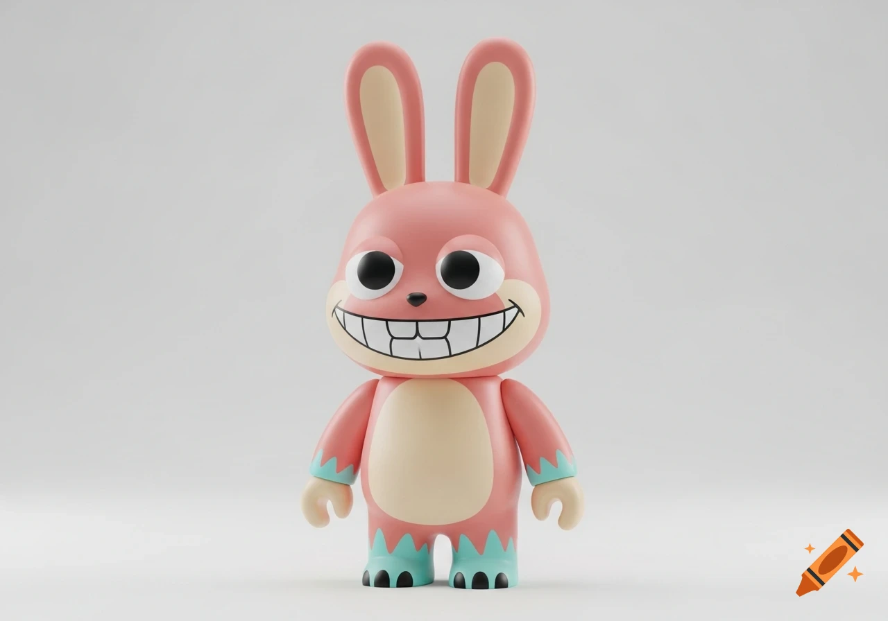 A pink vinyl toy of a mischievous bunny-like creature with big round eyes, large teeth, and a goofy smile, standing against a white background.