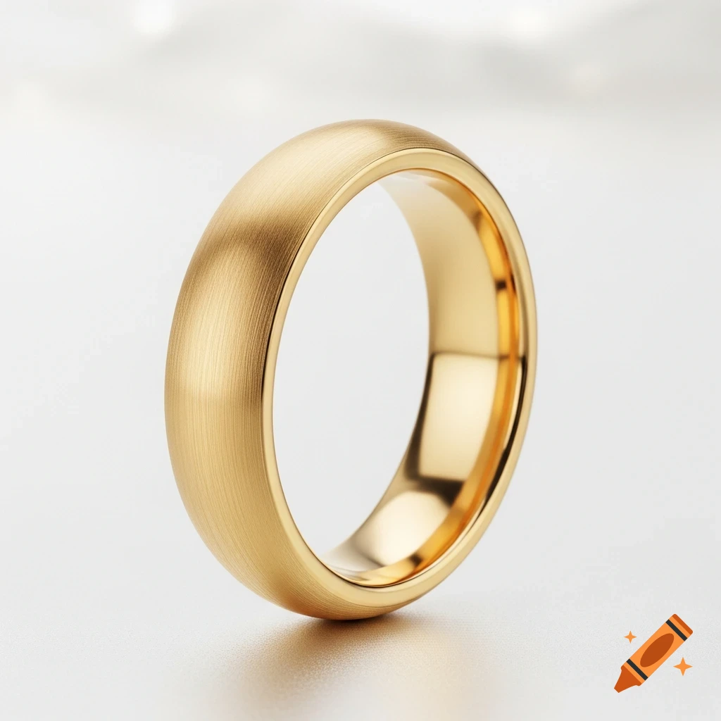 A close-up, photorealistic brushed gold wedding ring on a white surface.