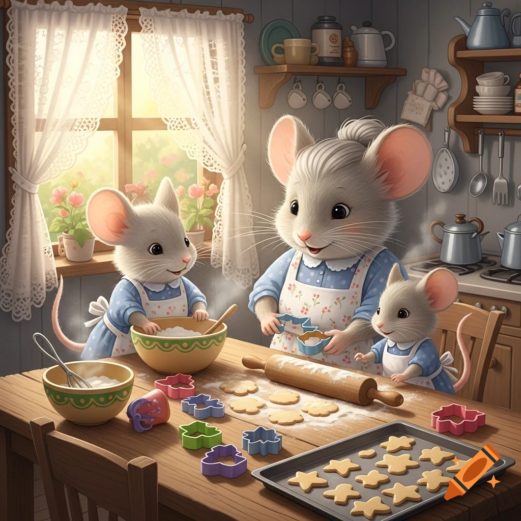 Three cute anthropomorphic mice, a mother and two younger, bake cookies in a cozy kitchen. They are wearing aprons, surrounded by baking tools and cookie cutouts.