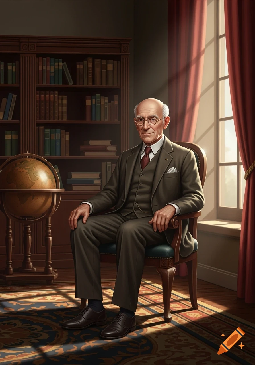 A bald old man in a suit sits in a chair in a sunlit library with a globe and bookshelves.