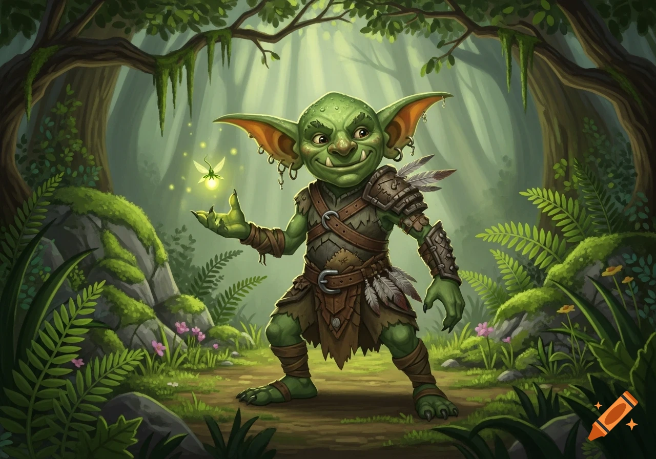 A cheerful green goblin in leather armor holds a glowing fairy in an enchanted forest, in a stylized illustration.