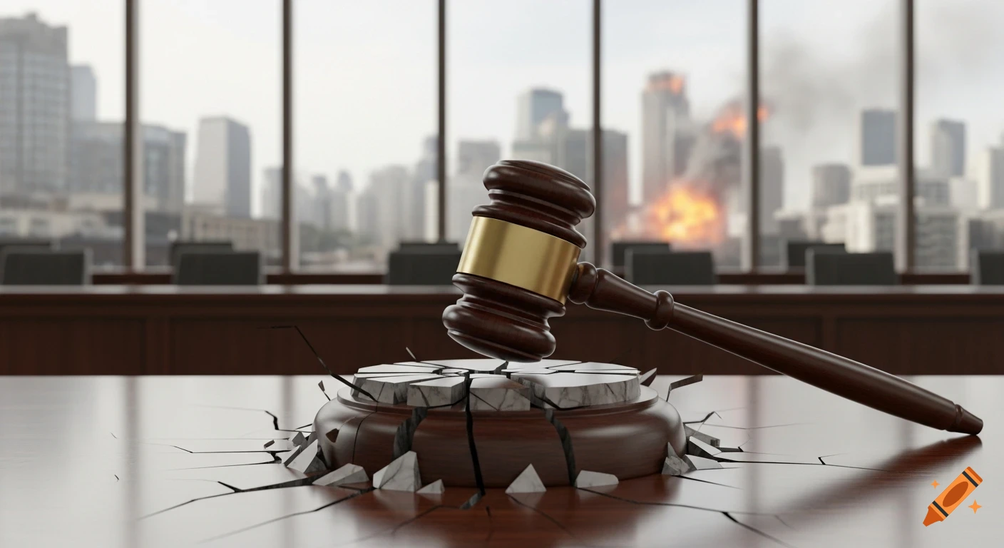 Photorealistic image of a dark wooden judge's gavel striking a cracking marble block and wooden table, with a city skyline burning in the background.