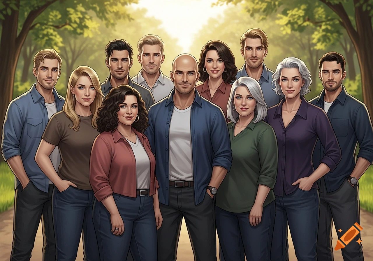An illustration of a diverse group of eleven adults, three women and eight men, posing outdoors in a bright, lush green park.