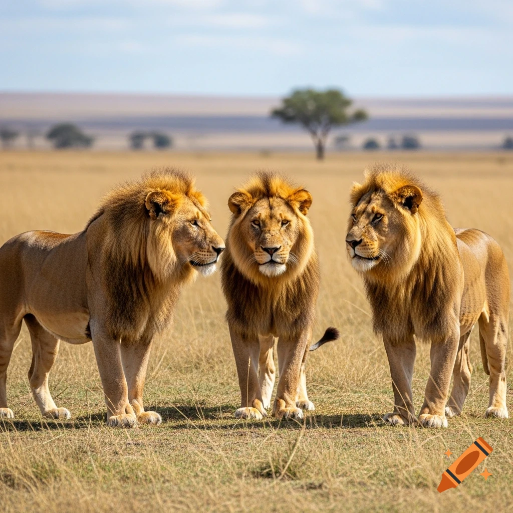 Three majestic male lions stand in a sunny savanna, one looking forward, the others to the sides.