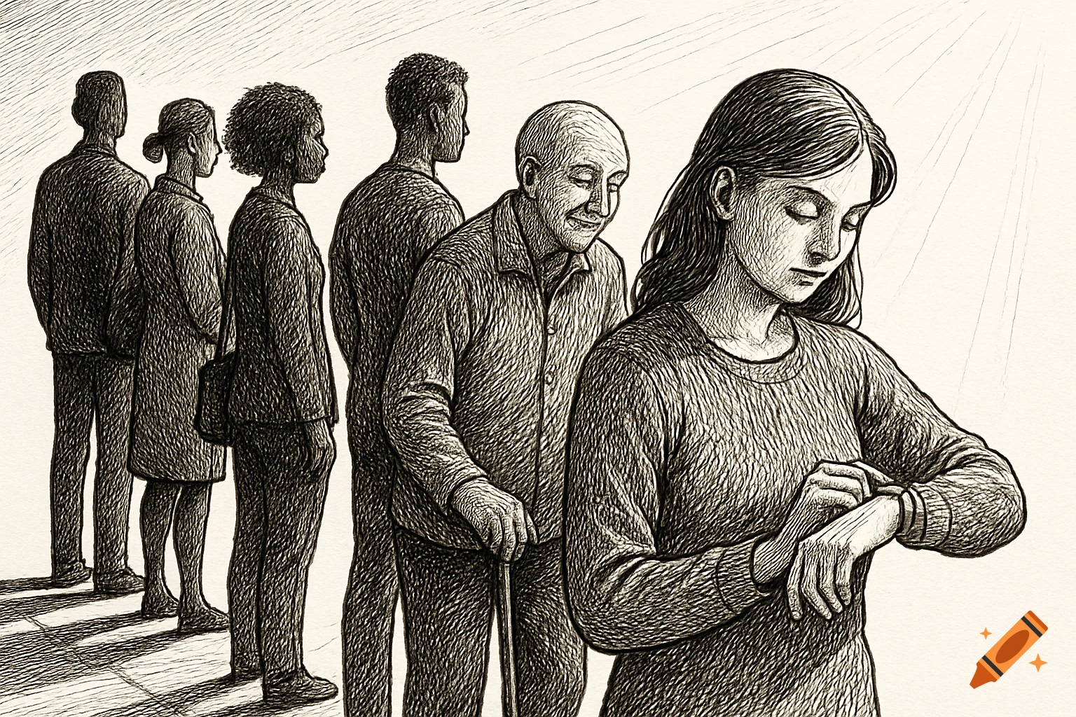 Monochrome line drawing of a diverse group of people waiting in a queue, with a young woman checking her wrist in the foreground.