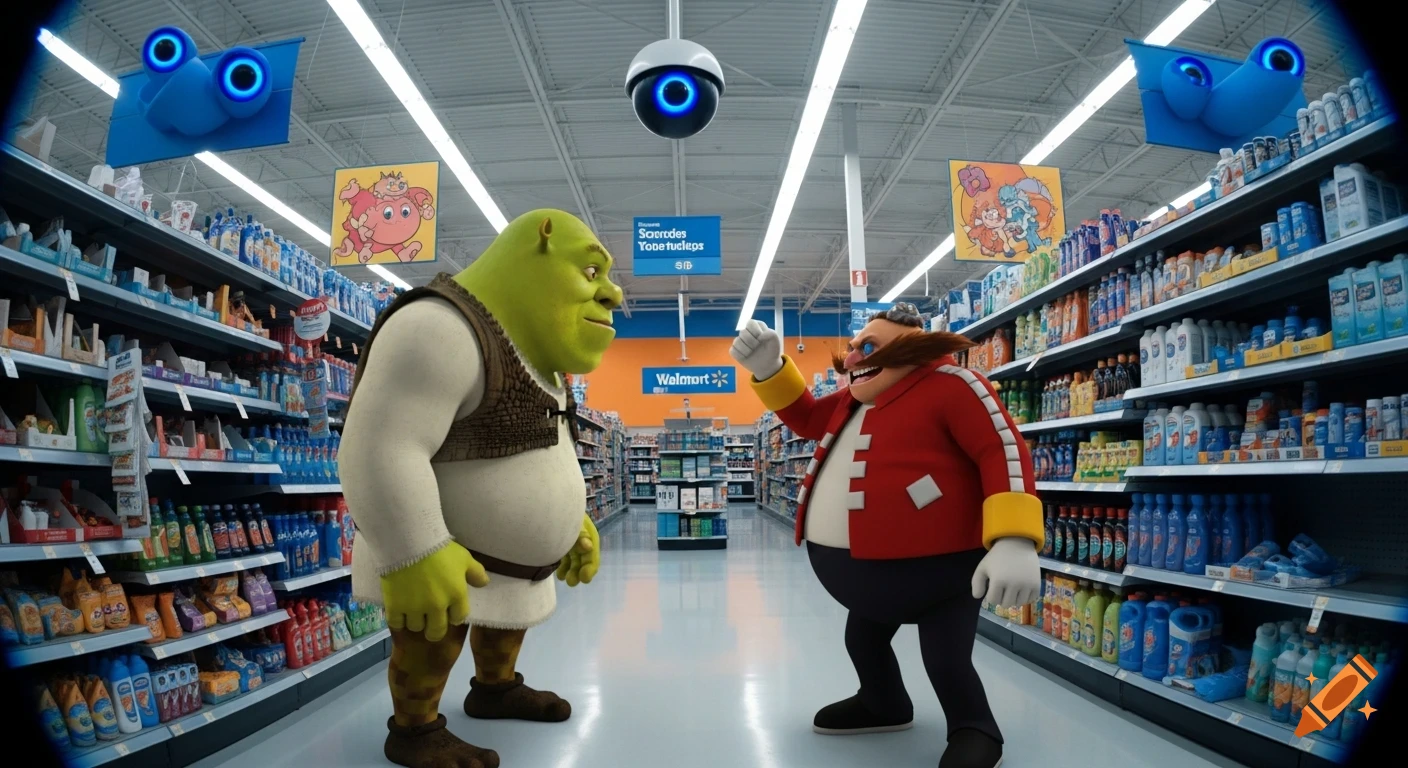 CCTV footage capturing Shrek and Dr. Eggman facing each other in the cleaning aisle of a Walmart store, with blue signage and a security camera overhead.