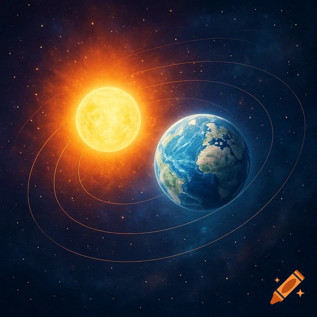 The sun and Earth with orbital lines against a starry dark blue space background.