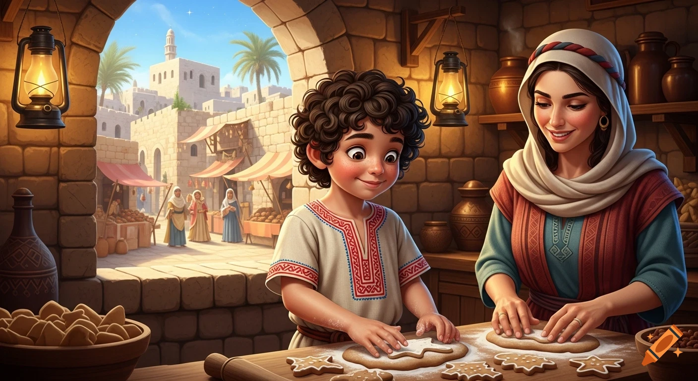Stylized illustration of a happy young boy and his mother making gingerbread in an ancient Judean kitchen, looking out to a village.