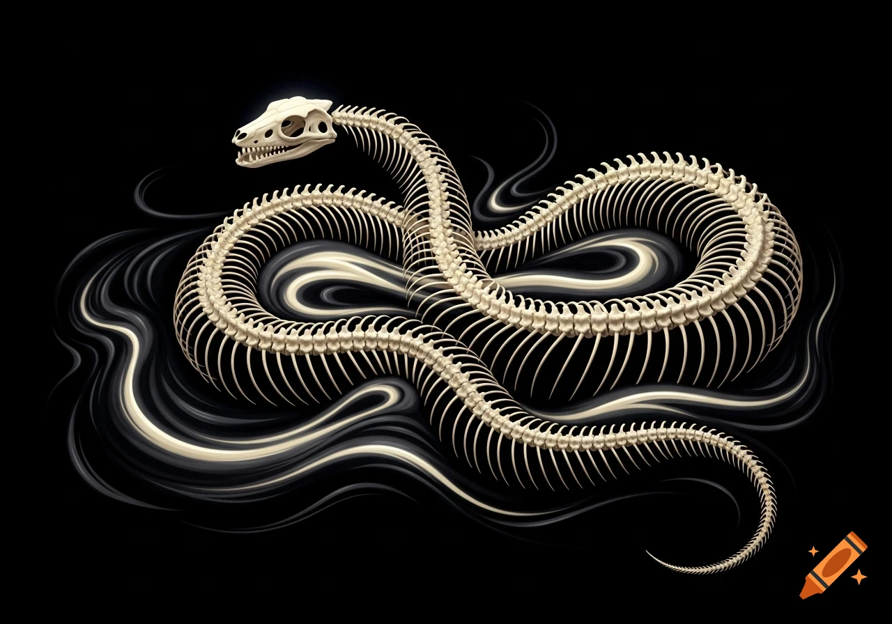 A detailed snake skeleton, coiled and set against a dark background with swirling abstract white and gray lines.
