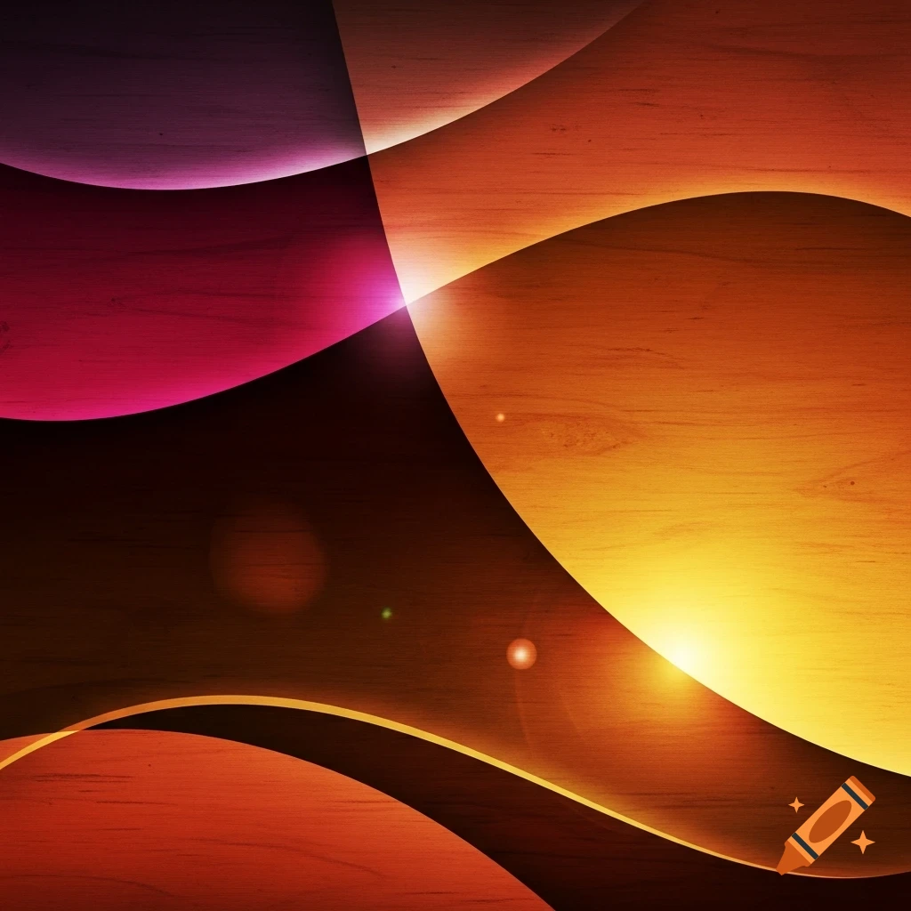 Abstract wavy pattern with warm orange, yellow, and magenta colors over a wood texture, featuring light flares.