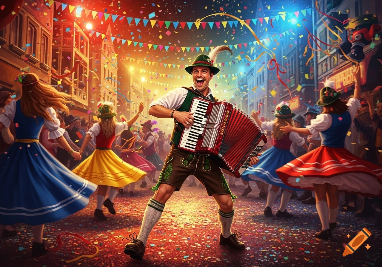 A man in lederhosen plays an accordion and dances with women in dirndls amidst confetti at a vibrant street carnival.
