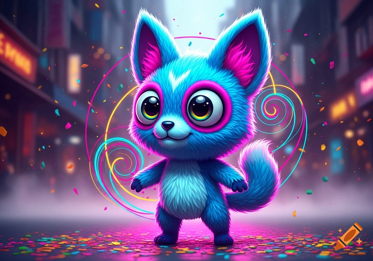 A fluffy blue and pink cartoon creature with large eyes stands on a confetti-strewn street against a blurred, vibrant city background.