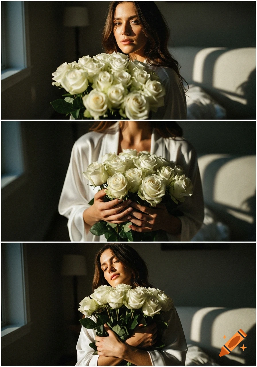 A triptych of a woman in a white robe holding a large bouquet of white roses, bathed in golden hour sunlight indoors.