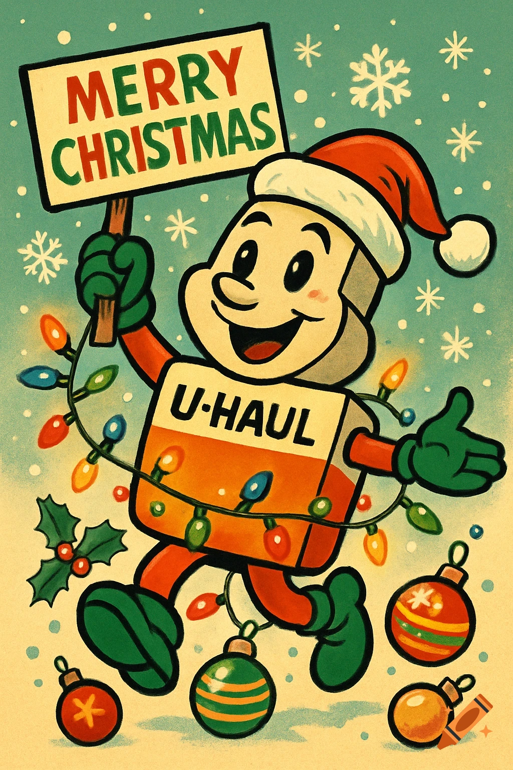 Cheerful U-Haul mascot in Santa hat holding a 'Merry Christmas' sign, surrounded by snow and ornaments in retro cartoon style.