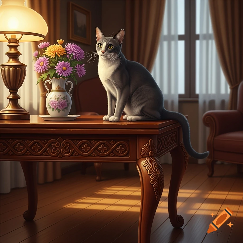 A gray and white cat sits on a polished wooden table with a lamp and vase of flowers in a sunlit room.