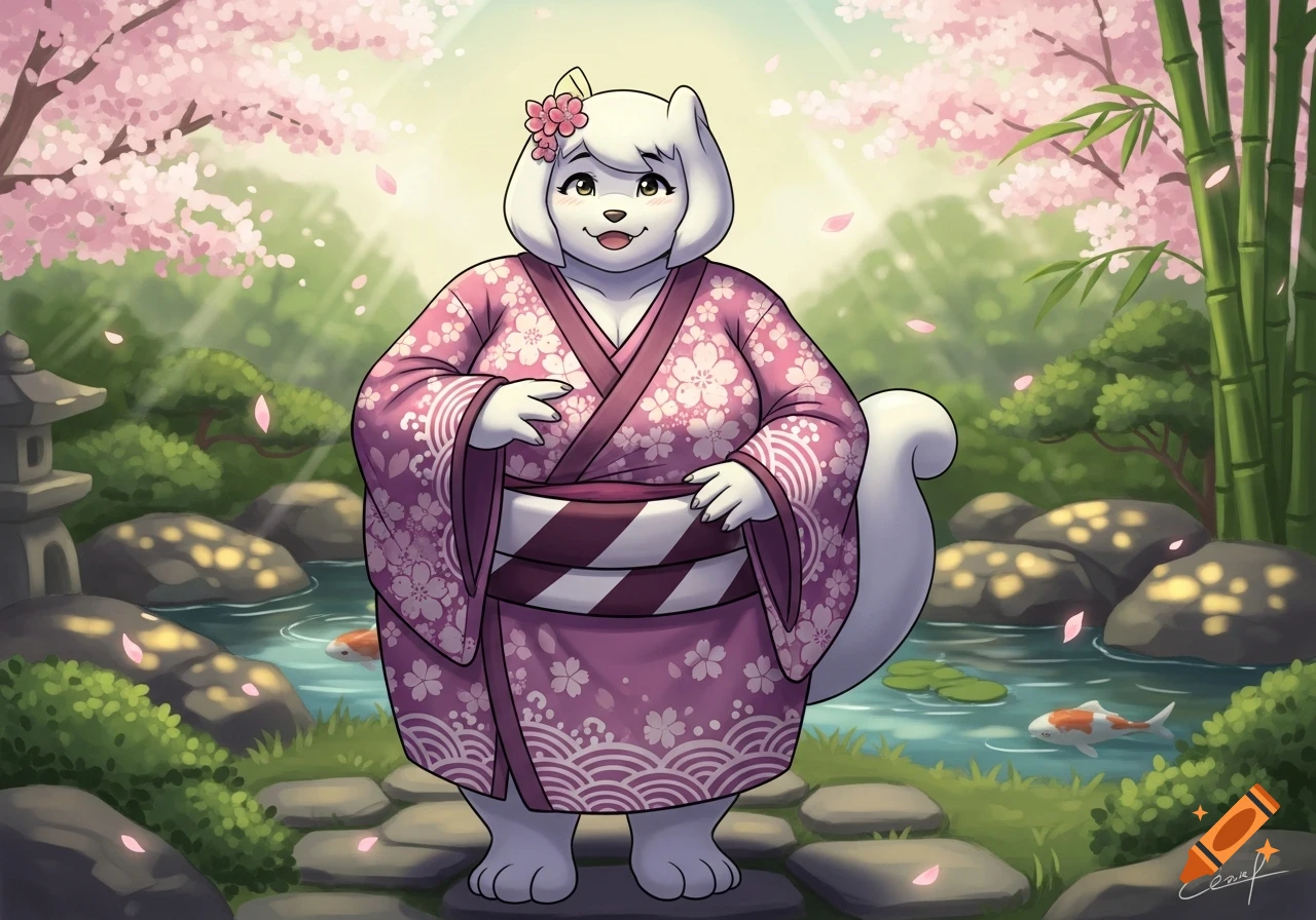Cartoon white anthropomorphic character in a pink cherry blossom kimono stands in a Japanese garden with koi pond and falling petals.