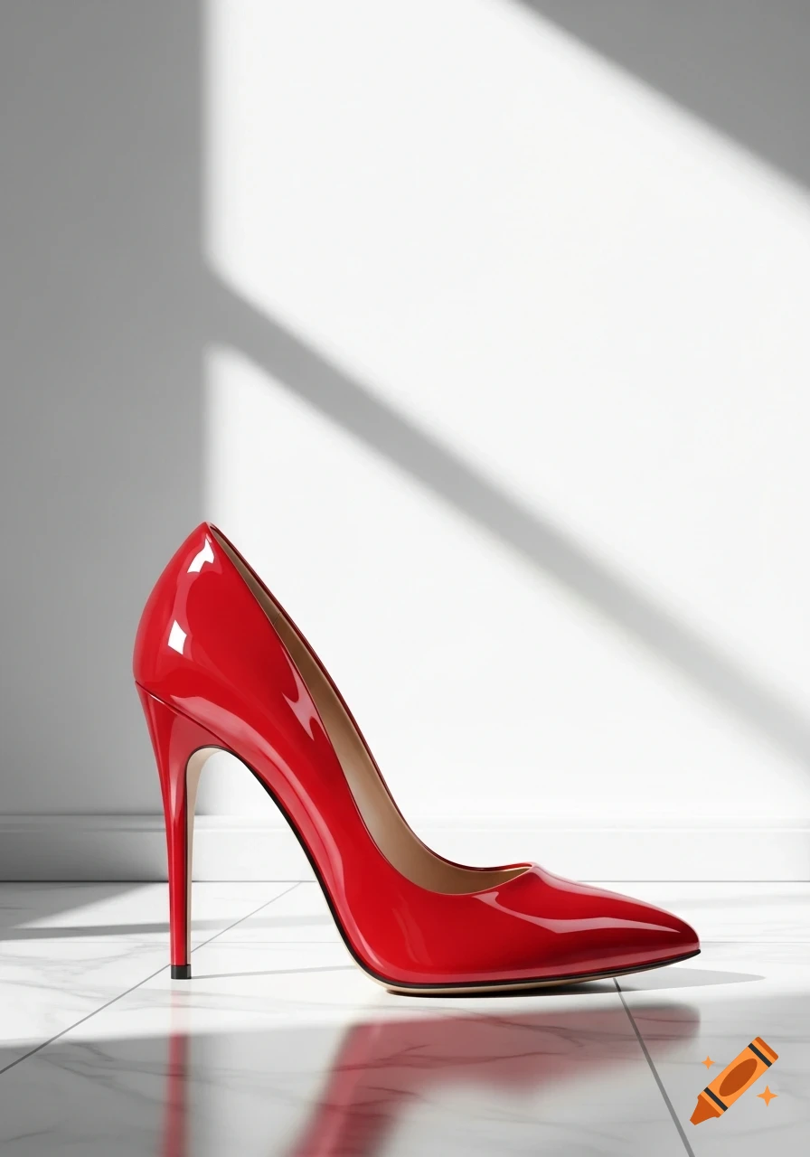 A single glossy red high-heeled shoe rests on a white marble floor with reflections, set against a white wall with diagonal shadows.