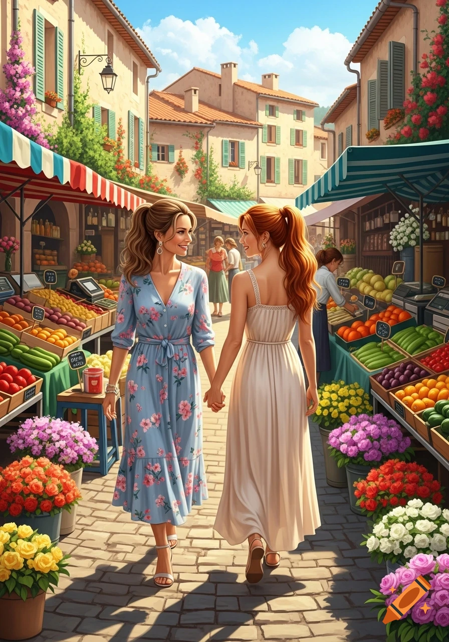 Two women holding hands walk through a vibrant outdoor market lined with produce and flowers in a charming European village.