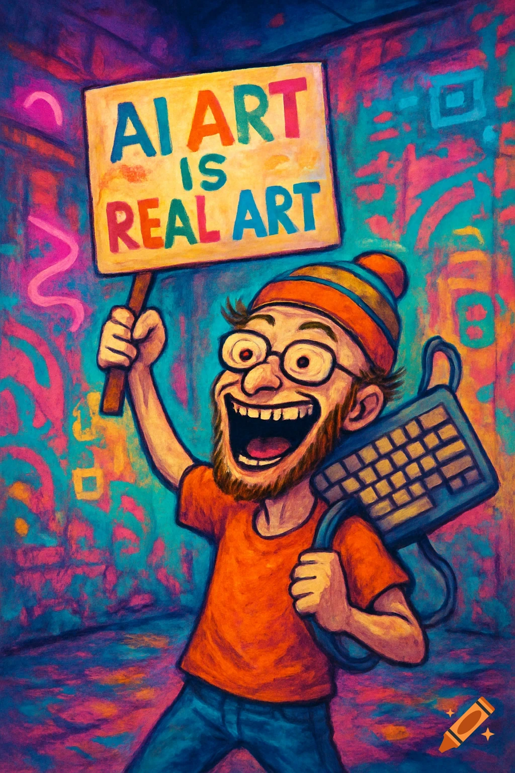 A cartoon man in a beanie and glasses holding a 'AI ART IS REAL ART' sign and a keyboard, in a vibrant, painterly style.