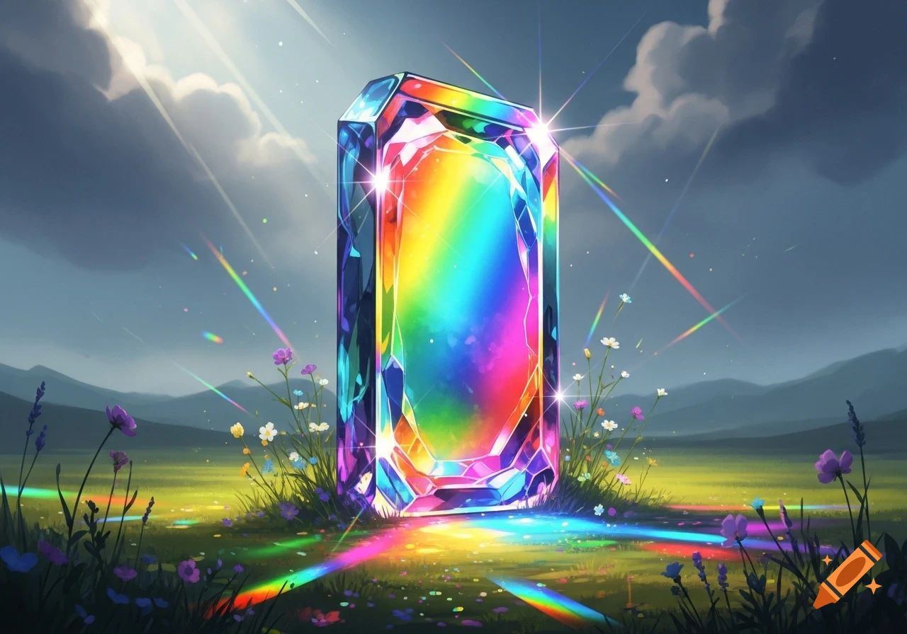 A tall, shimmering rainbow crystal stands in a vibrant green meadow under a cloudy sky, casting colorful light rays.