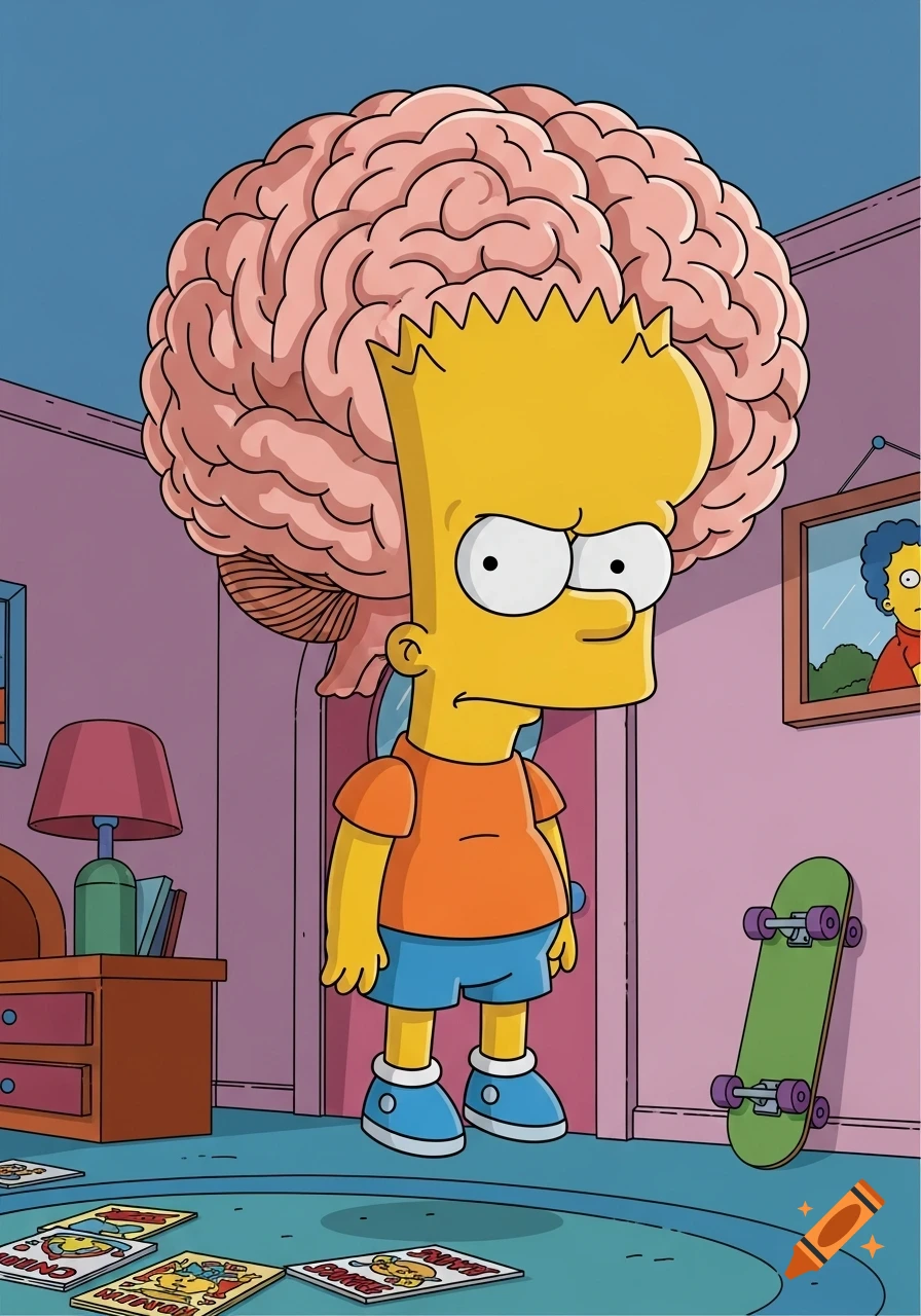 Bart Simpson, with a massive brain-like head, levitates with a stern look in his pink bedroom, in The Simpsons cartoon style.