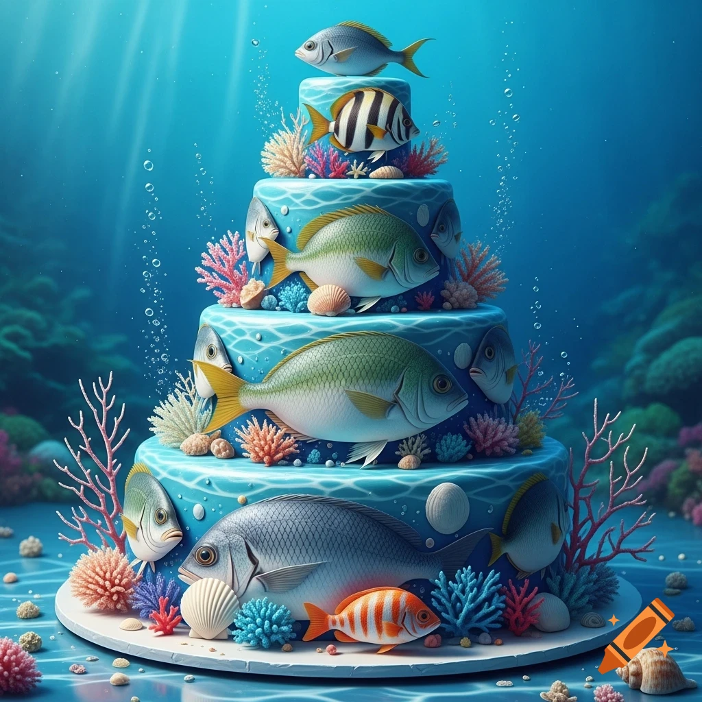 A multi-tiered blue cake decorated with various realistic fish, coral, and seashells, set in a bright underwater scene.
