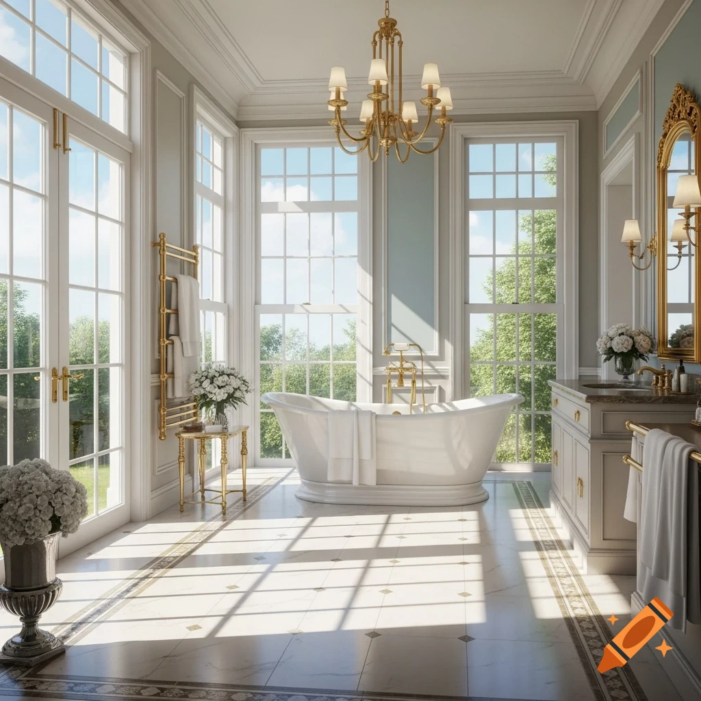 A photorealistic, luxurious bathroom with a freestanding tub, abundant windows, gold fixtures, and a sunlit tiled floor overlooking greenery.