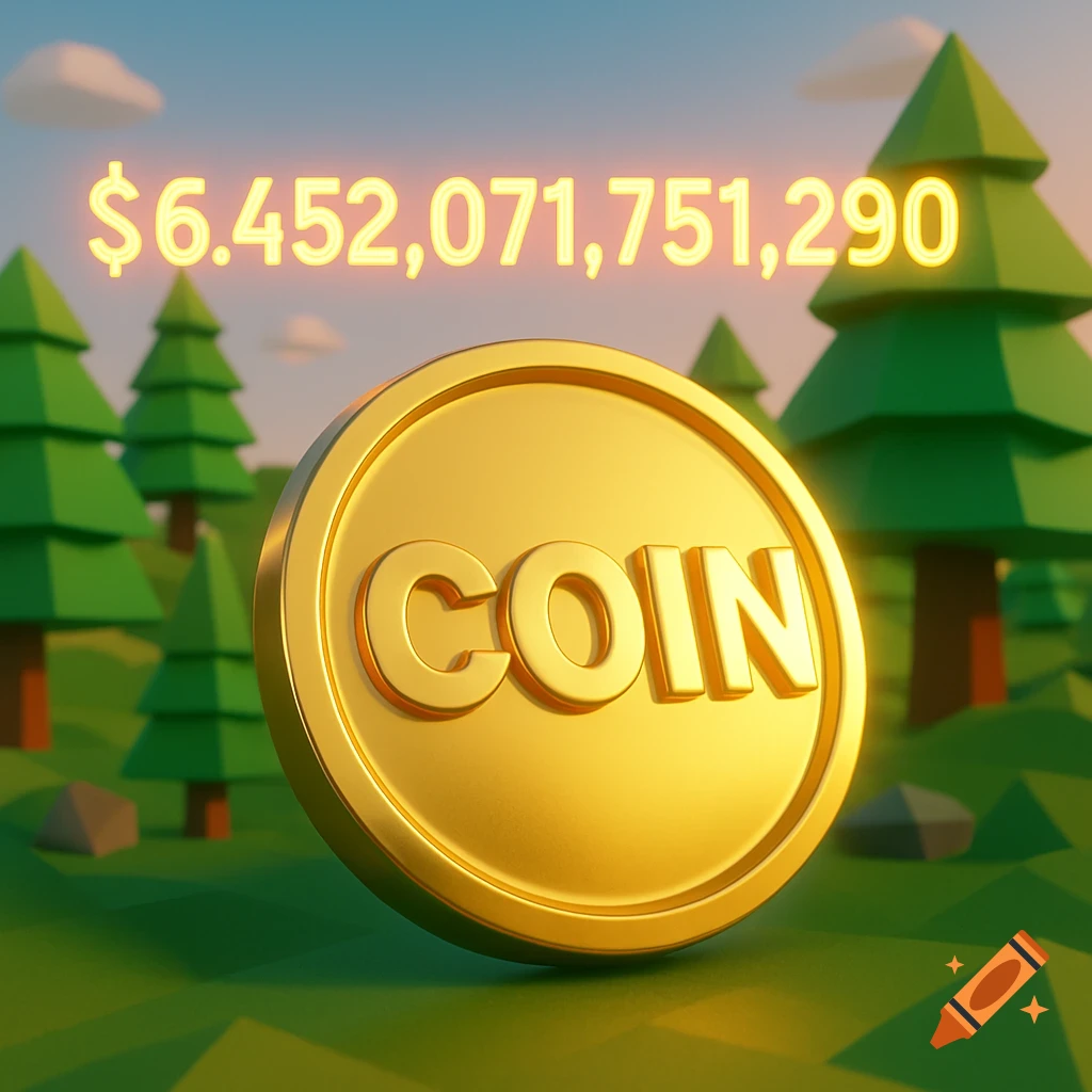 A golden coin with 'COIN' on it and a large glowing number '$6,452,071,751,290' in a low-poly forest.
